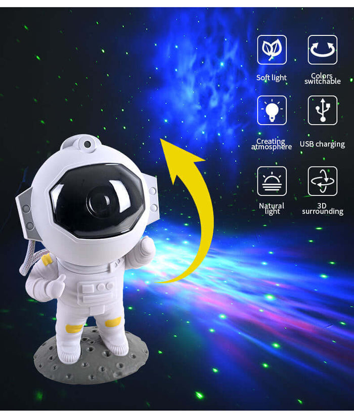 Galaxy Star Projector featuring astronaut design and nebula projection with soft light effects.
