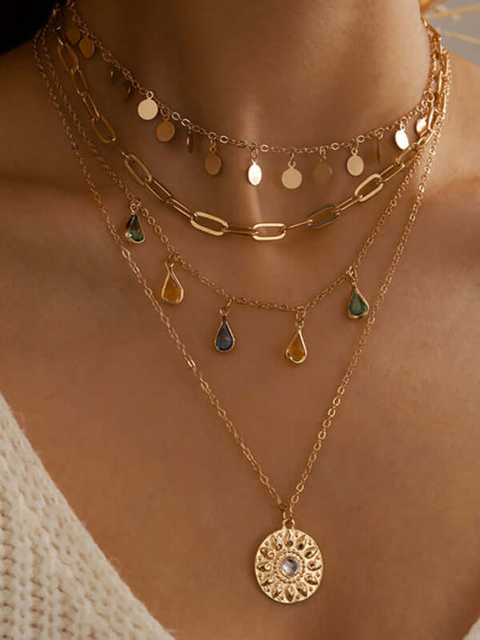 ​Geometric Disc Tassel Layered Necklace full view on white background