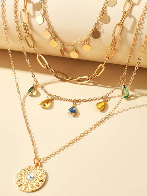 Geometric Disc Tassel Layered Necklace 4-tier design close up