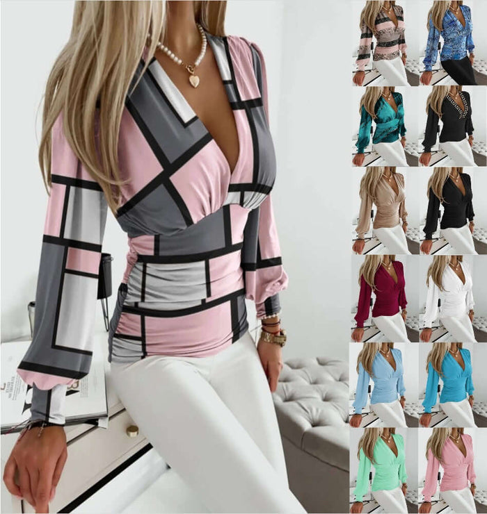 Geometric Print Shirt Fashion V-neck Long-sleeved Tops women clothing
