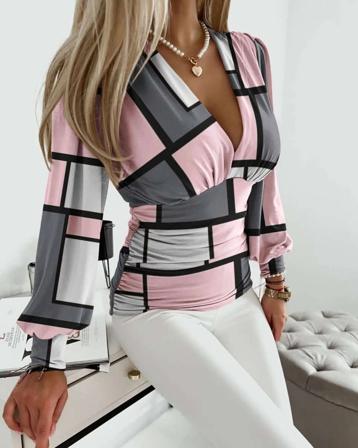 Geometric Print Shirt Fashion V-neck Long-sleeved Tops polyester fabric