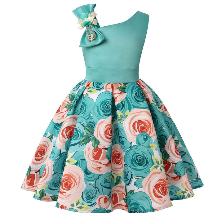 Girls Digital Print Princess Summer Blended Dress fresh green floral pattern sleeveless dress for summer party wear