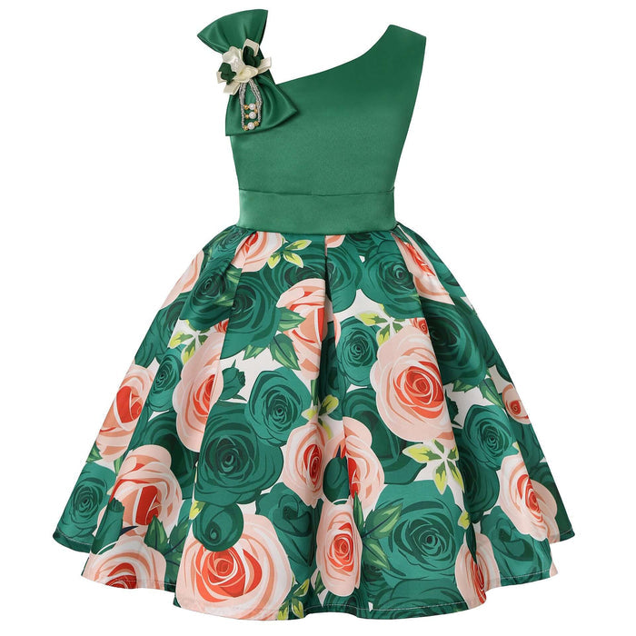 Girls Digital Print Princess Summer Blended Dress energetic bright rose red princess gown layout for family wedding events