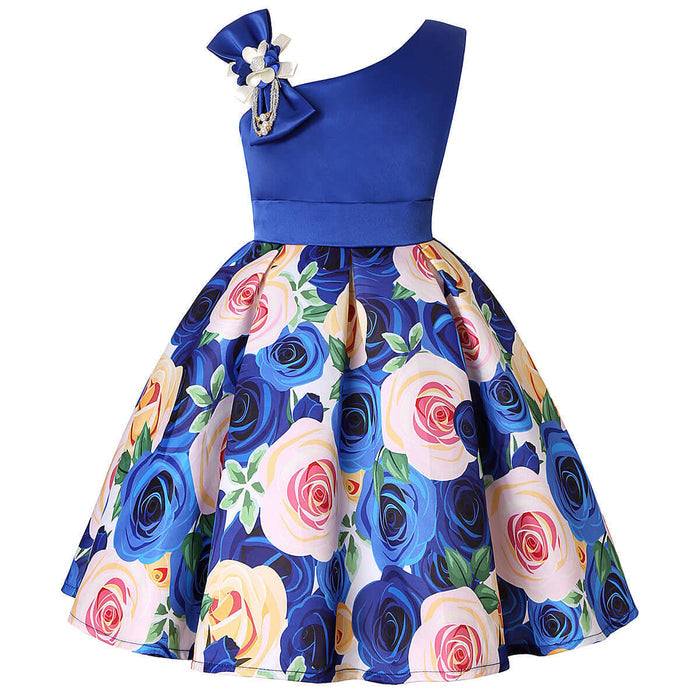 Girls Digital Print Princess Summer Blended Dress eye-catching bright pink color tone kids dress showing reinforced hem stitching