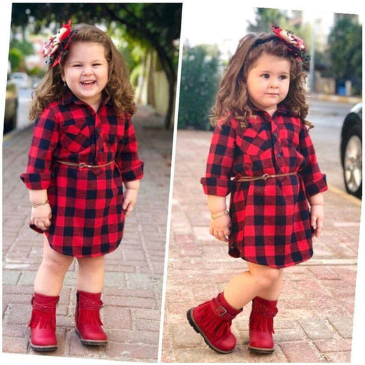Girls Red Plaid Dress long sleeve cotton.