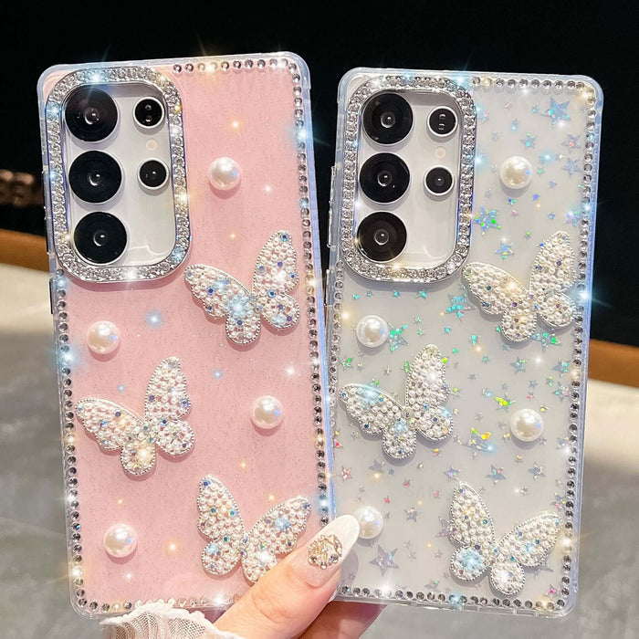 Glitter Powder Pearl Butterfly Rhinestone Phone Case featuring pink and clear designs with butterfly and rhinestone accents.