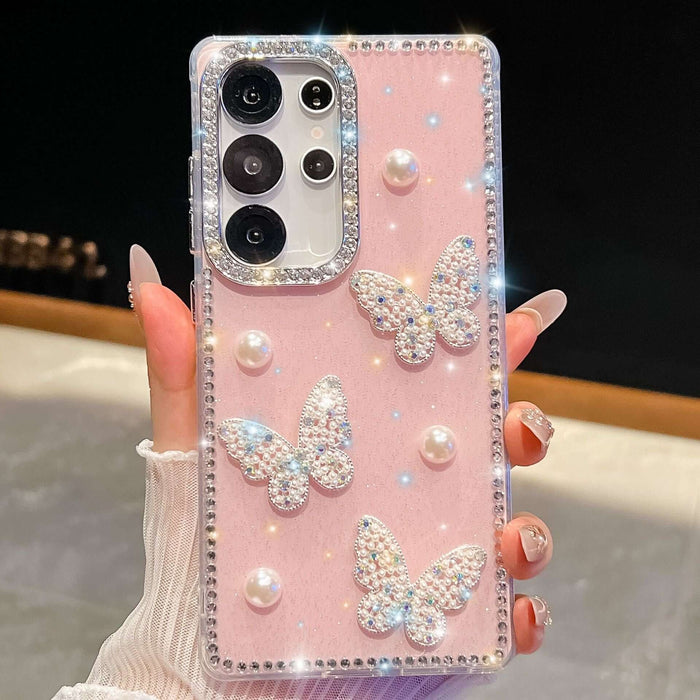 Glitter Powder Pearl Butterfly Rhinestone Phone Case featuring sparkling butterflies and pearls on a pink background.