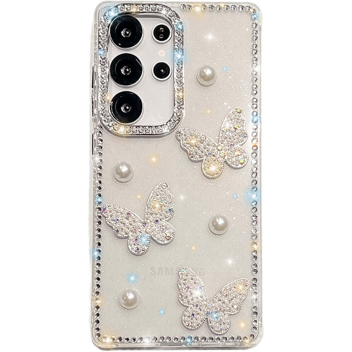 Glitter Powder Pearl Butterfly Rhinestone Phone Case with sparkling butterflies and pearl accents on a clear background.