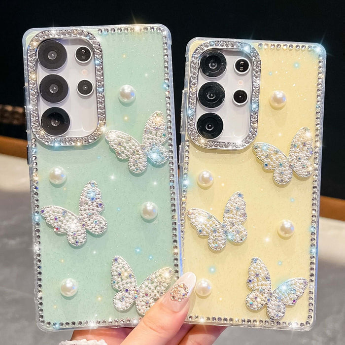 Glitter Powder Pearl Butterfly Rhinestone Phone Case in mint green and yellow, featuring sparkling butterflies and rhinestones.