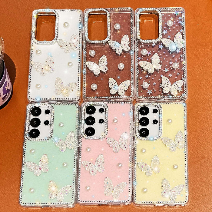 Glitter Powder Pearl Butterfly Rhinestone Phone Case collection showcasing various colors and butterfly designs with rhinestones.