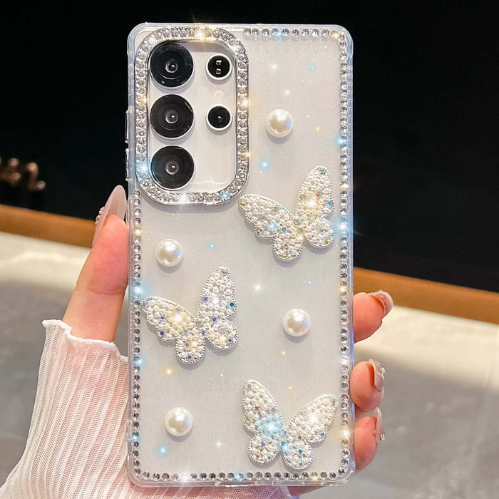 Glitter Powder Pearl Butterfly Rhinestone Phone Case featuring sparkling butterflies and pearls.