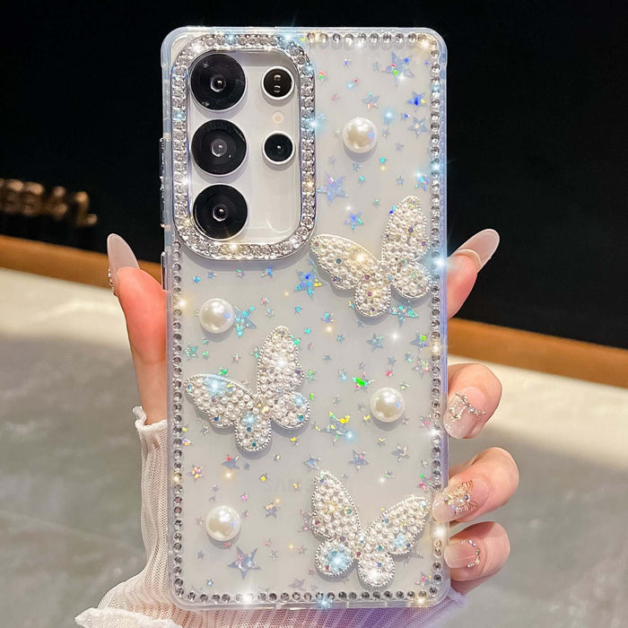 Glitter Powder Pearl Butterfly Rhinestone Phone Case featuring shimmering butterflies and pearls on a clear background.