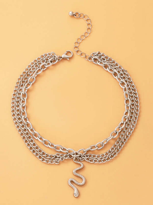 Gold Heart Snake Charm Tassel Layered Anklet Set for Women display