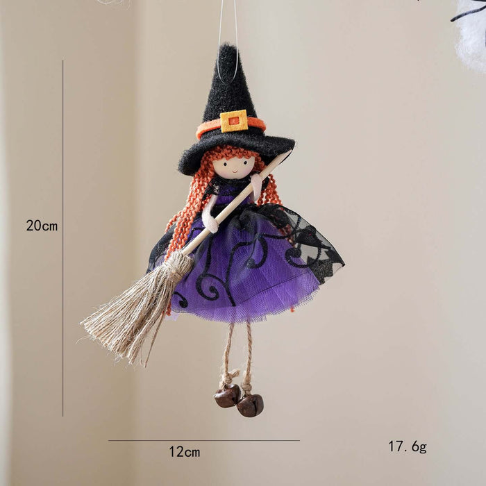 Halloween Mesh Broom Witch Angel Hanging Pendant Decor featuring a witch with a broom in a purple dress.