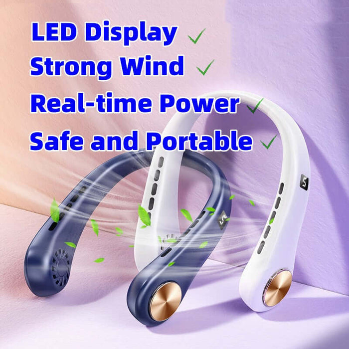 Hands-Free Portable Bladeless Rechargeable Neck Fan featuring LED display, strong wind, real-time power, safe and portable design.