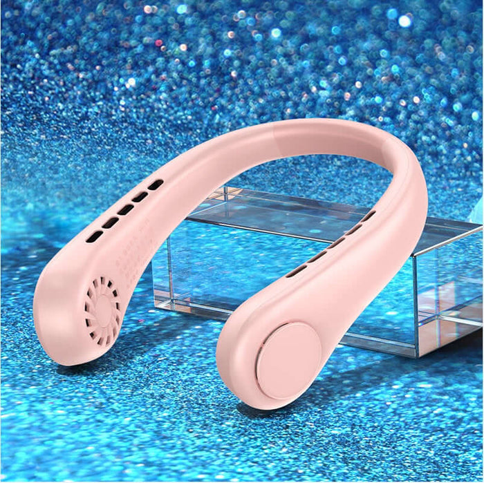 Hands-Free Portable Bladeless Rechargeable Neck Fan displayed against a sparkling blue background