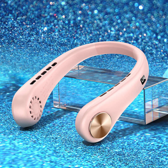 Hands-Free Portable Bladeless Rechargeable Neck Fan in pink color displayed on a shimmering blue background.