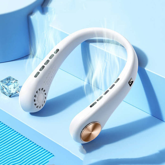 Hands-Free Portable Bladeless Rechargeable Neck Fan in white color with cooling features and sleek design.