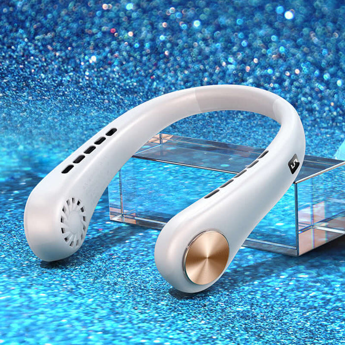 Hands-Free Portable Bladeless Rechargeable Neck Fan displayed on a sparkling blue background.