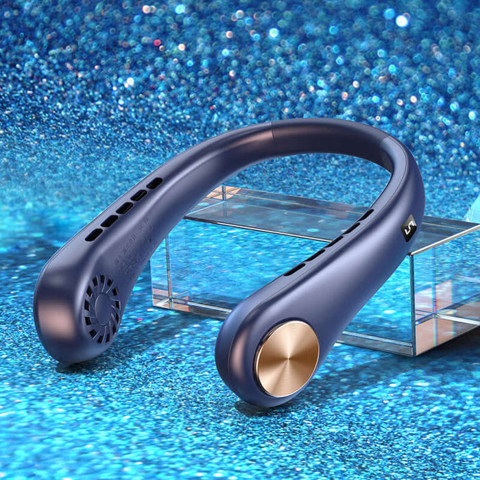 Hands-Free Portable Bladeless Rechargeable Neck Fan displayed against a sparkling blue background.
