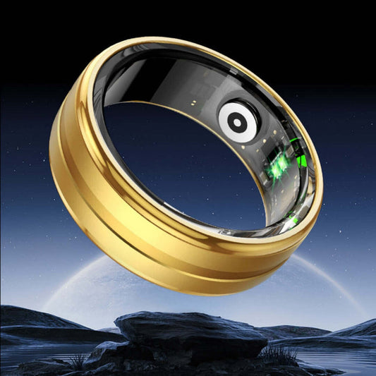 Healthy Heart Rate Blood Oxygen R6 Smart Ring showcasing a sleek gold design against a cosmic background.