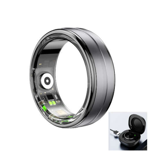 Healthy Heart Rate Blood Oxygen R6 Smart Ring displayed on a white background with a charging dock.