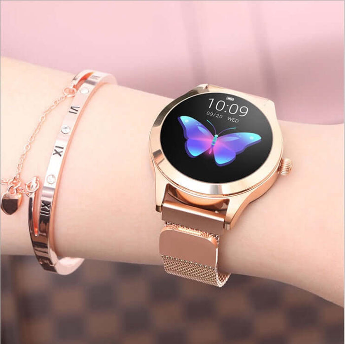 Heart Rate Monitoring Sports Step Smart Bracelet Slim displayed on a wrist next to a stylish bracelet.