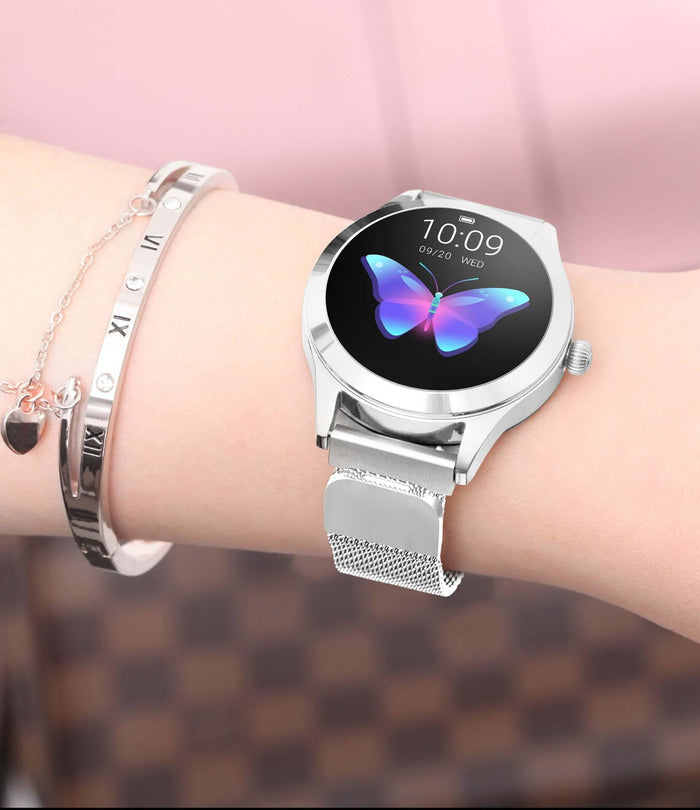 Heart Rate Monitoring Sports Step Smart Bracelet Slim displayed on a wrist with a butterfly design watch face.