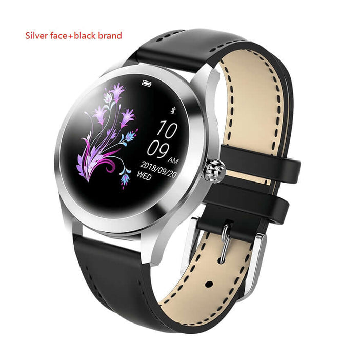 Heart Rate Monitoring Sports Step Smart Bracelet Slim showcasing a stylish silver face with a black strap and decorative floral design.