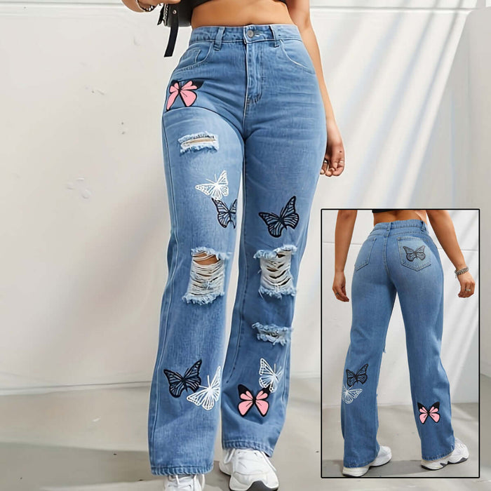 High Waisted Straight Leg Jeans For Women with butterfly embroidery and distressed detailing.