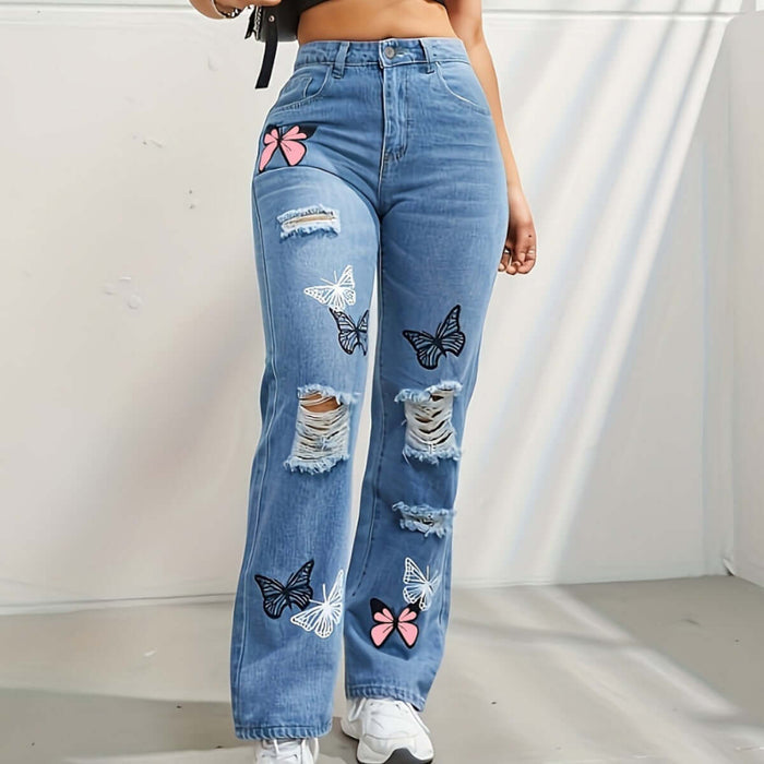 High Waisted Straight Leg Jeans For Women with butterfly appliqués and distressed details