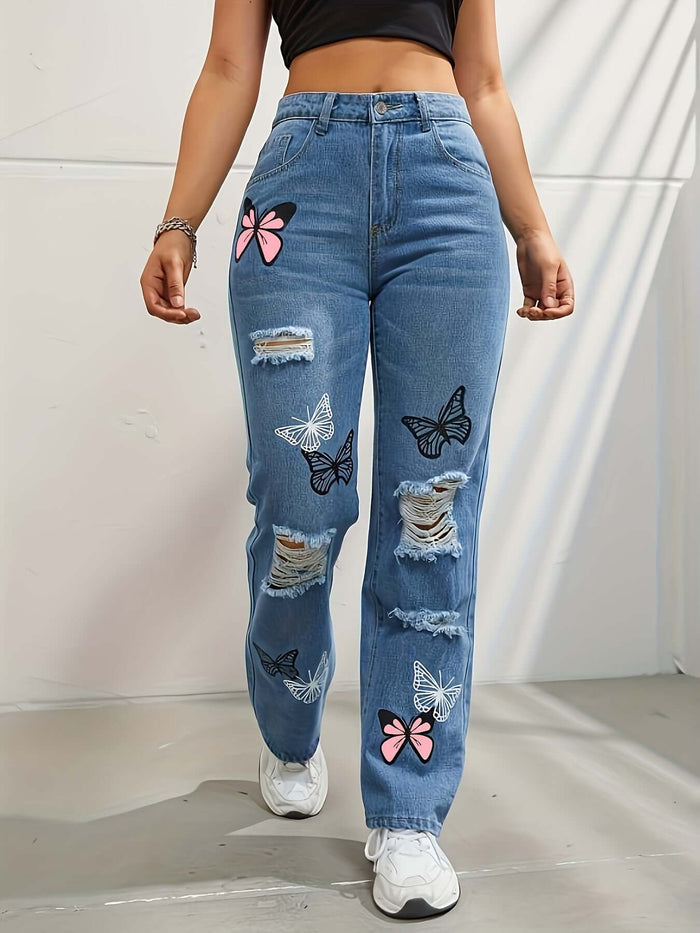 High Waisted Straight Leg Jeans For Women with butterfly patches and distressed details.