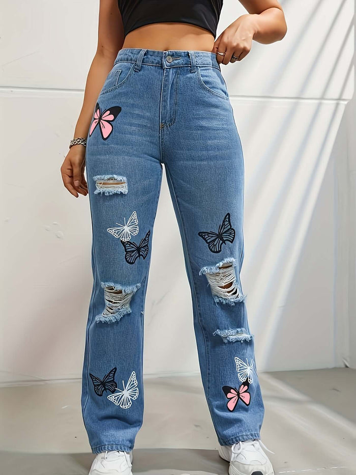 High Waisted Straight Leg Jeans For Women with butterfly designs and distressed detail, stylish blue denim.
