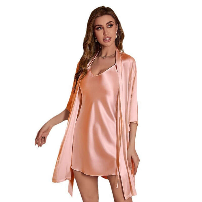 Ice Silk Pajamas For Women Summer Robe Two-piece Set rubber red suit.