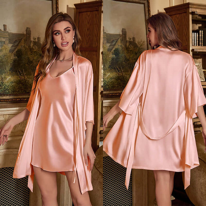 Ice Silk Pajamas For Women Summer Robe Two-piece Set sling dress inner.