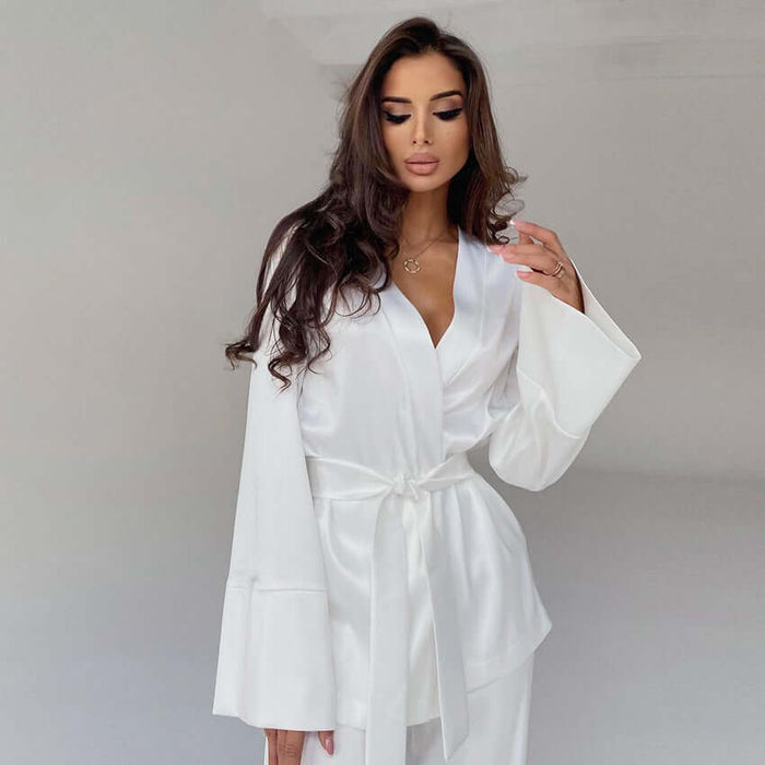 Ice Silk Robe Blouse and Pants Pajamas For Women Set S size 68cm top.