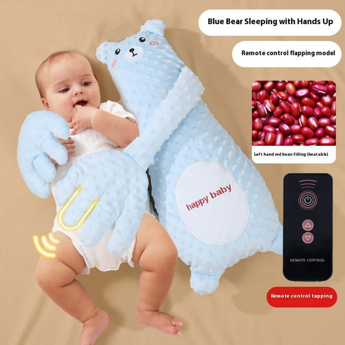 Infant Remote Controlled Cartoon Soothing Sleep Pillow with blue bear design, baby cuddling with pillow and remote control