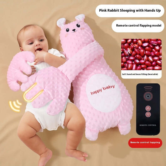 Infant Remote Controlled Cartoon Soothing Sleep Pillow with pink rabbit design and remote control features.