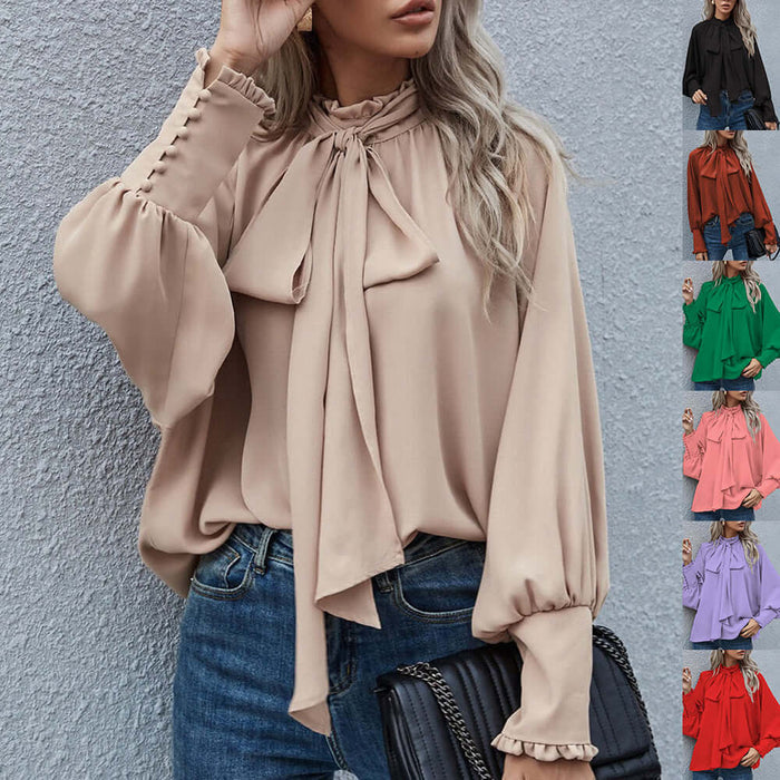 Ins Long-sleeved Blouse Bowknot Puff Sleeves Fashion size chart S to 3XL.