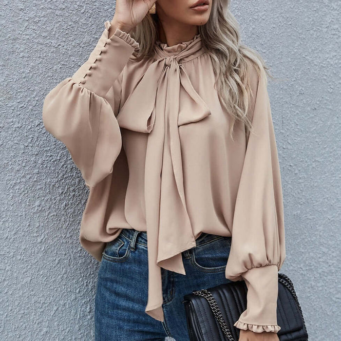 Ins Long-sleeved Blouse Bowknot Puff Sleeves Fashion size M length 70cm.