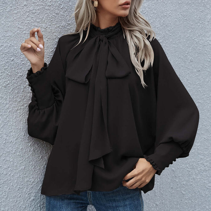 Ins Long-sleeved Blouse Bowknot Puff Sleeves Fashion size XL bust 138cm.