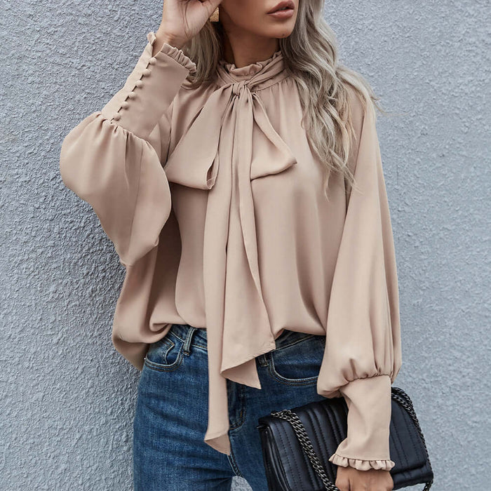 Ins Long-sleeved Blouse Bowknot Puff Sleeves Fashion size 2XL waist length 73cm.