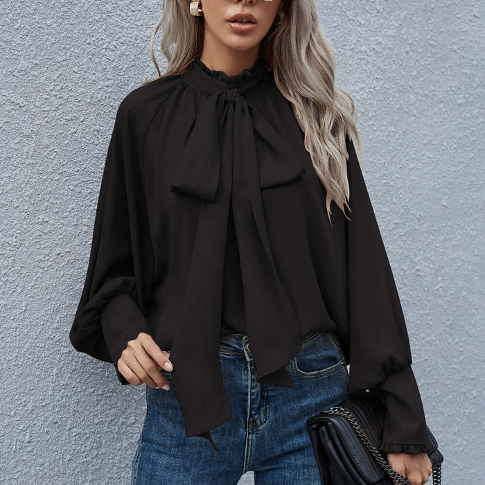 Ins Long-sleeved Blouse Bowknot Puff Sleeves Fashion size 3XL bust 146cm.