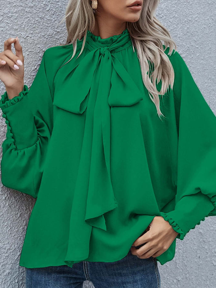 Ins Long-sleeved Blouse Bowknot Puff Sleeves Fashion apricot office commuter top.