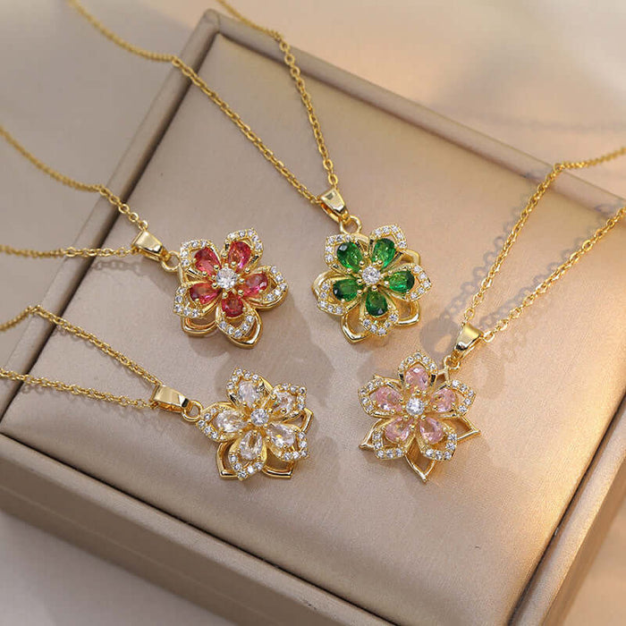 Ins Rhinestones Flowers Unique Rotatable Necklace Pendants displayed in a luxurious jewelry box.