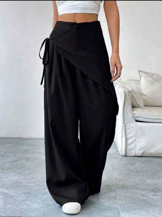 Irregular Design Trousers Casual Wide-leg Pants in black with a stylish wrap design and ties.