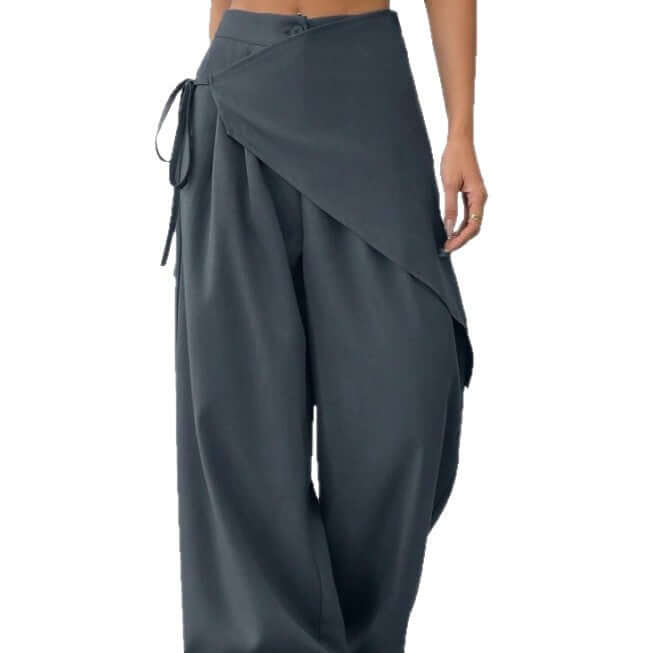 Irregular Design Trousers Casual Wide-leg Pants in dark gray with wrap style and drawstring detail.