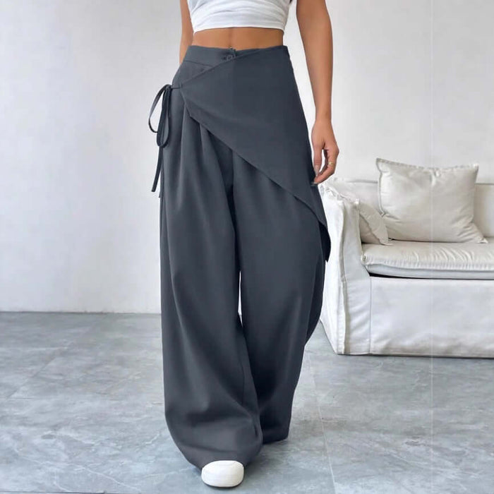 Irregular Design Trousers Casual Wide-leg Pants in dark gray, featuring a unique wrap design and comfortable fit.