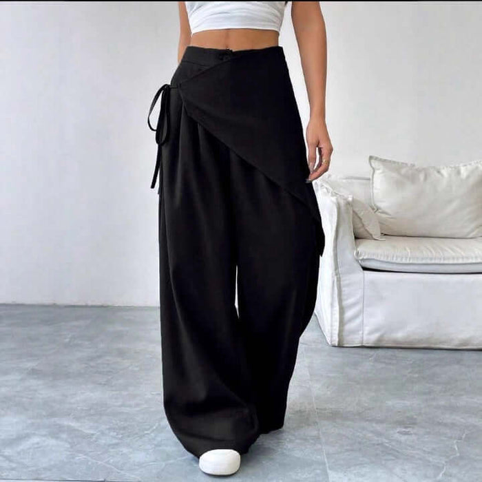 Irregular Design Trousers Casual Wide-leg Pants in black, featuring a stylish wrap design and comfortable fit.