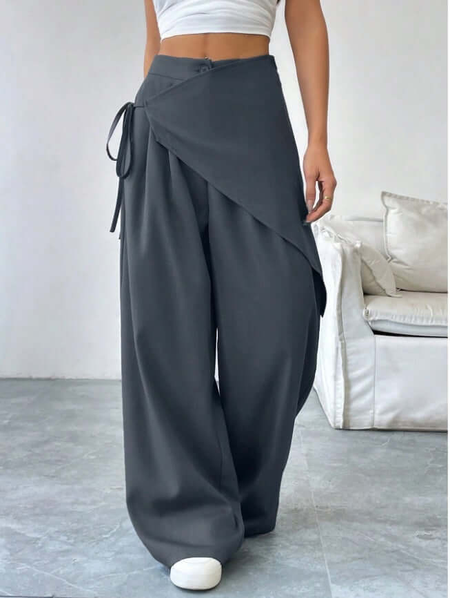 Irregular Design Trousers Casual Wide-leg Pants in gray with wrap design and tie detail, stylish and comfortable fit.